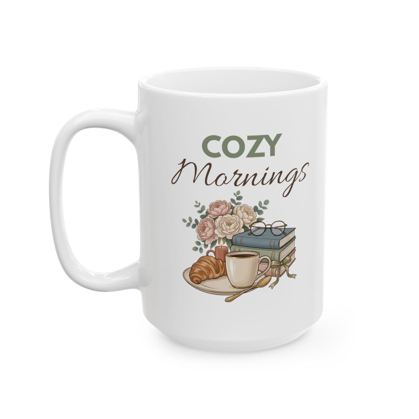 Ceramic Mug - Cozy Morning Coffee Mug with Rustic Floral Illustration