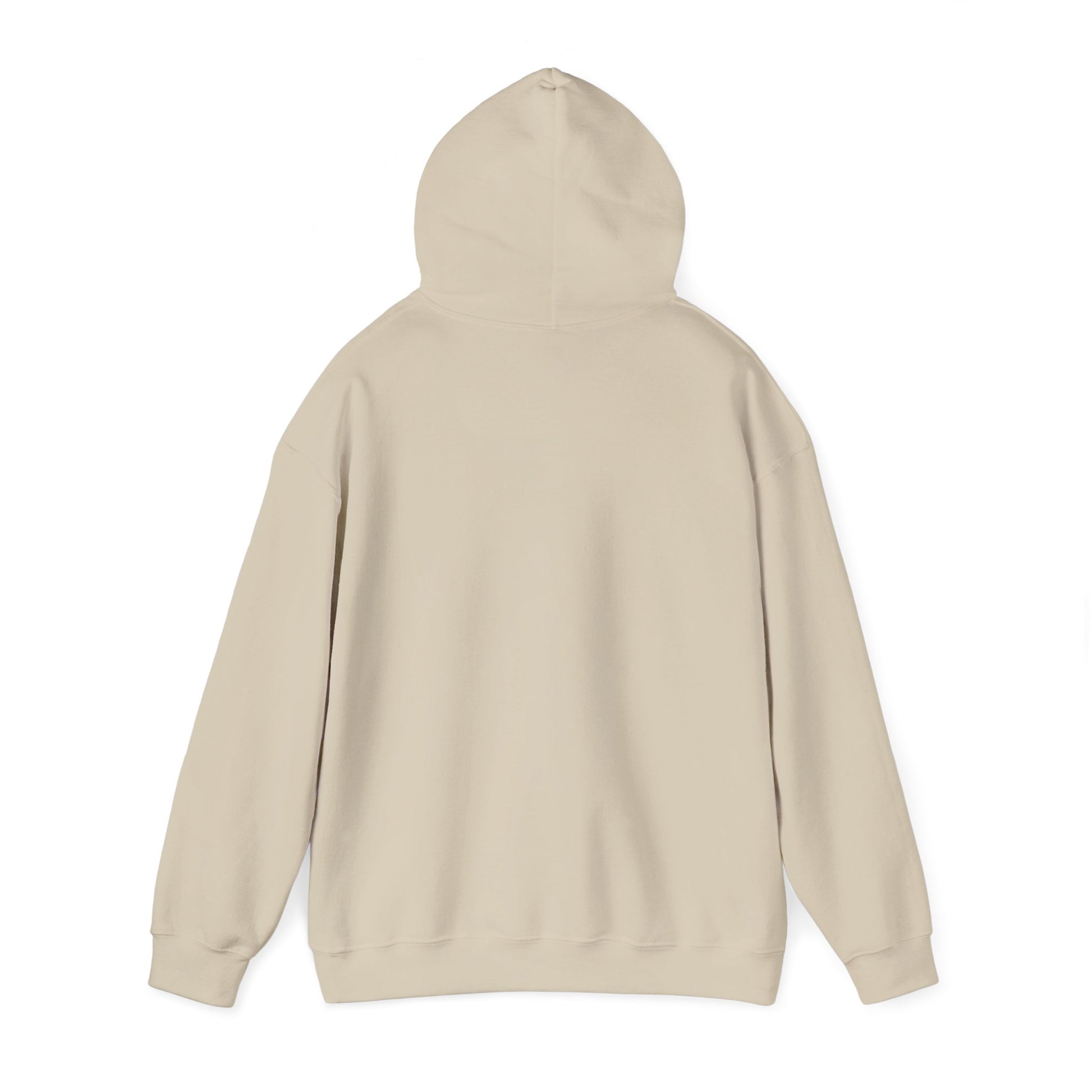 The back of a sand colored hooded sweatshirt with the hood up.
