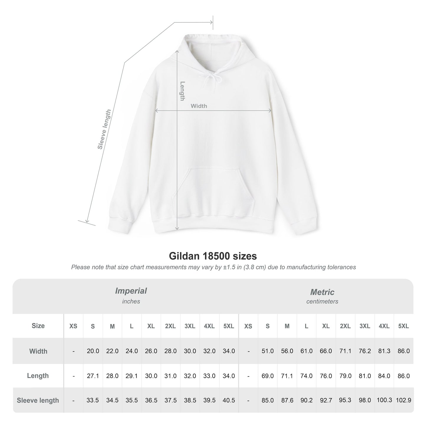A size chart for a hooded sweatshirt with markings on where to measure.