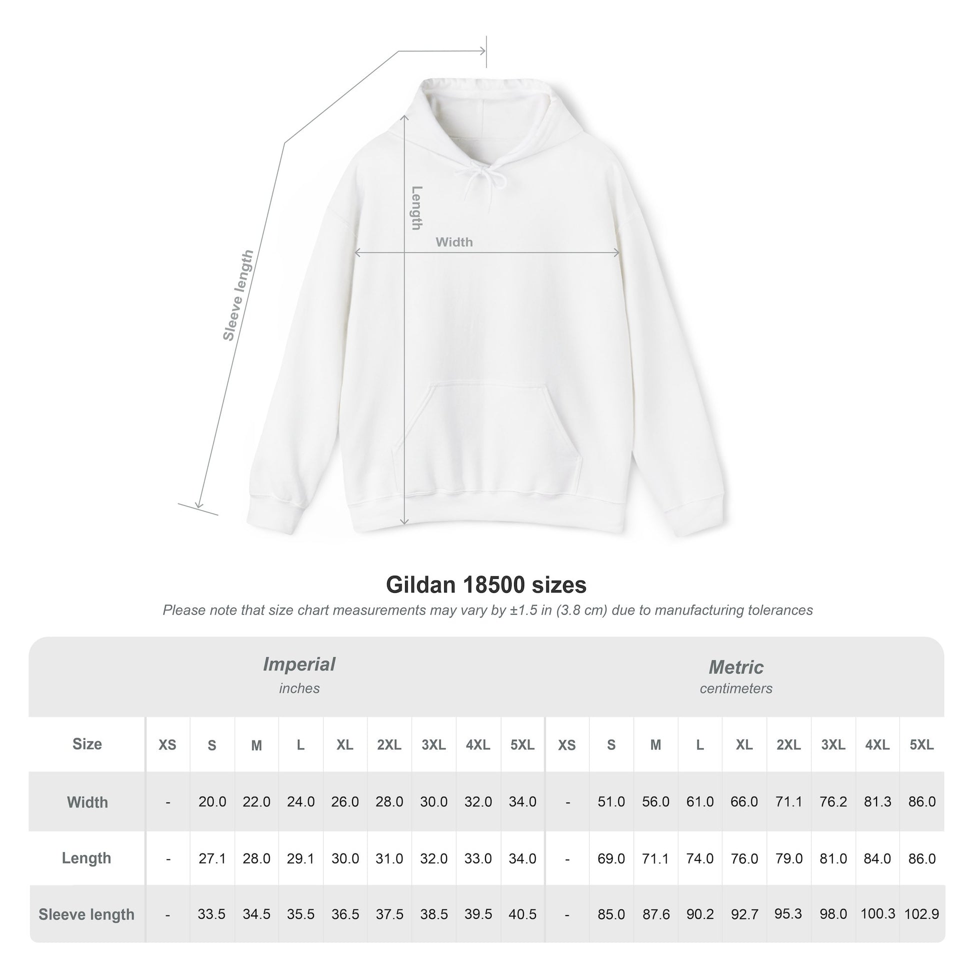 A size chart for a hooded sweatshirt with markings on where to measure.
