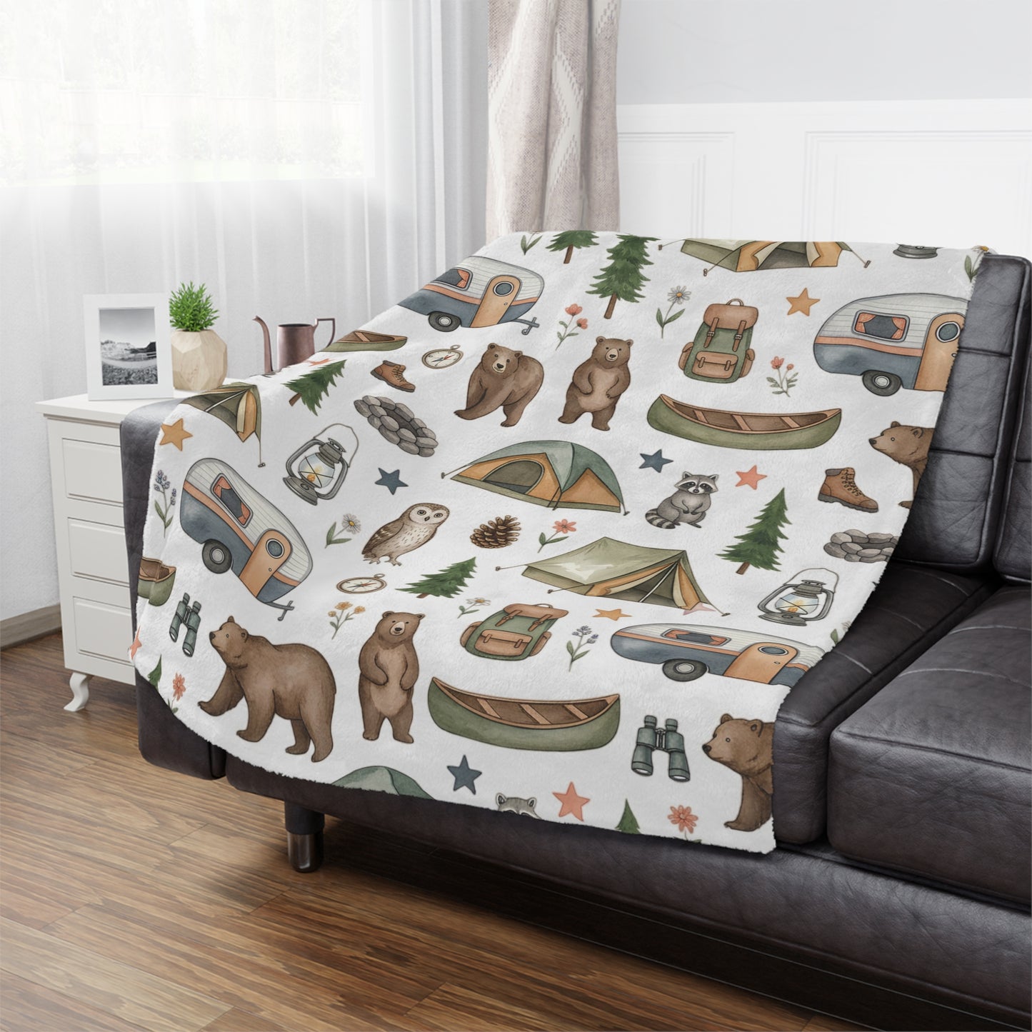 Camping Pattern Minky Blanket — Cozy Outdoor Adventure Throw with Tents, Campfire & Wildlife
