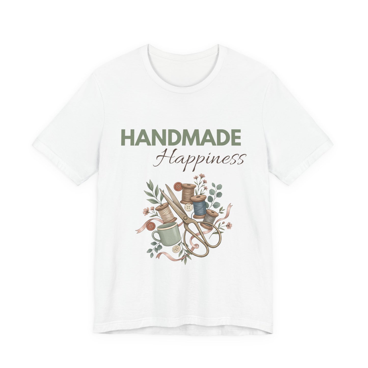 A white t-shirt with 'HANDMADE Happiness' on the front.