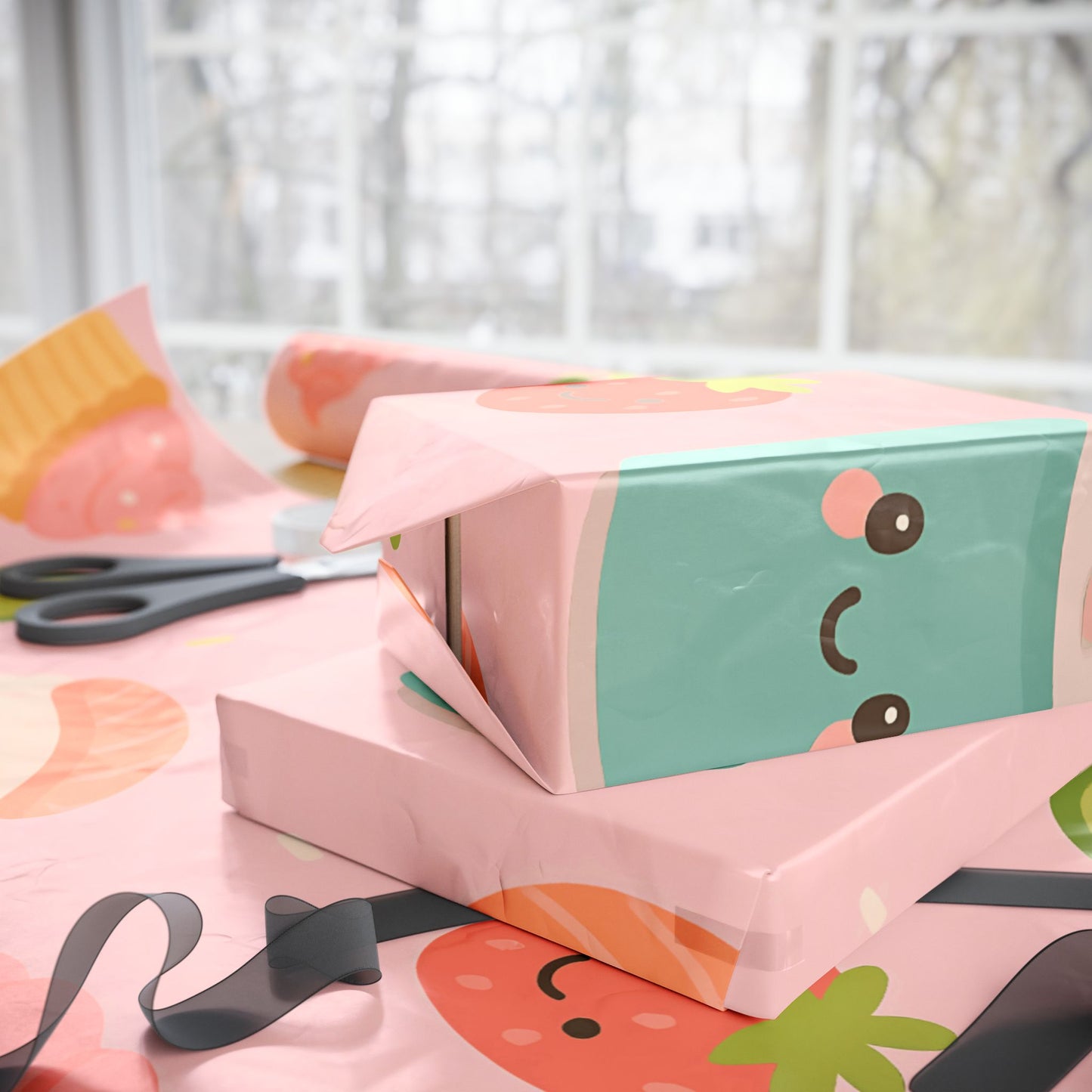 Kawaii Treats Wrapping Paper – Cute Sushi, Cupcakes, Avocados & More on Pink