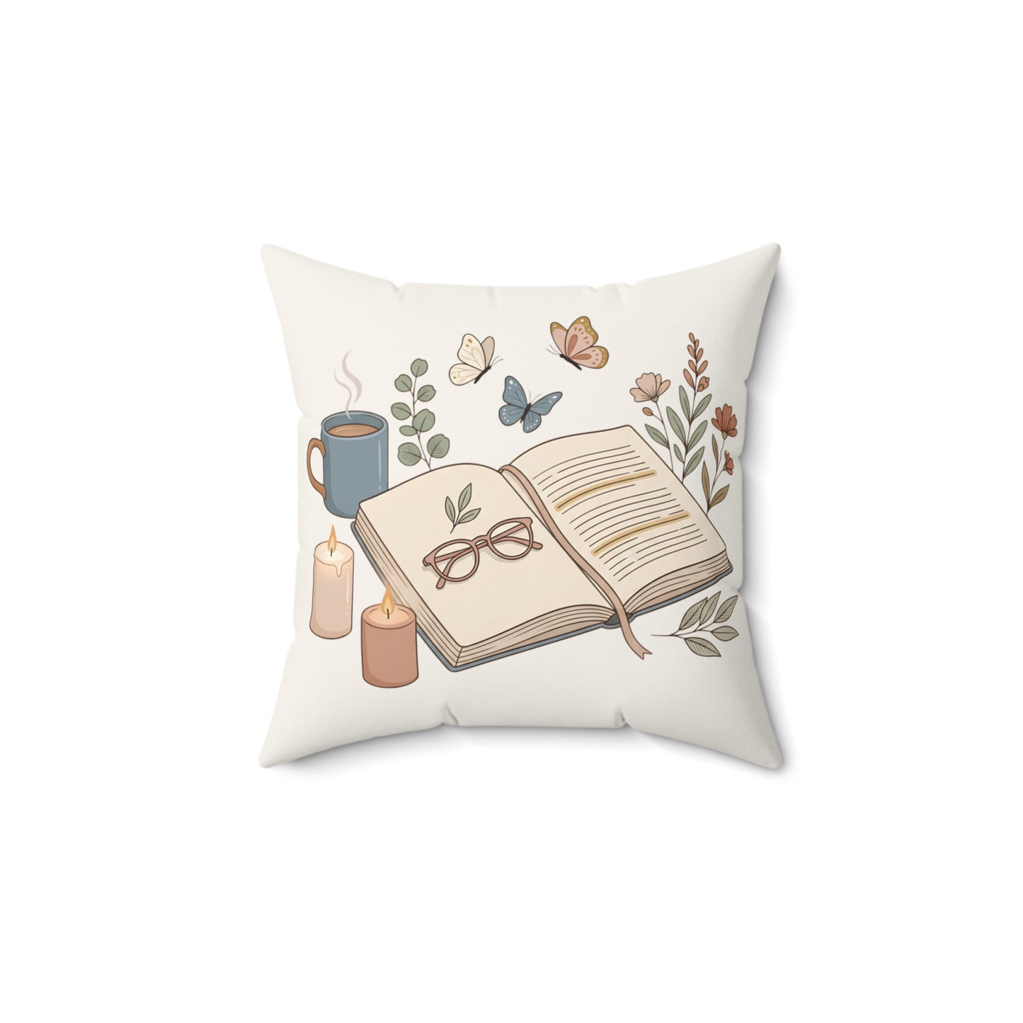 Cozy Reading Pillow — Open Book & Tea Decorative Throw Pillow