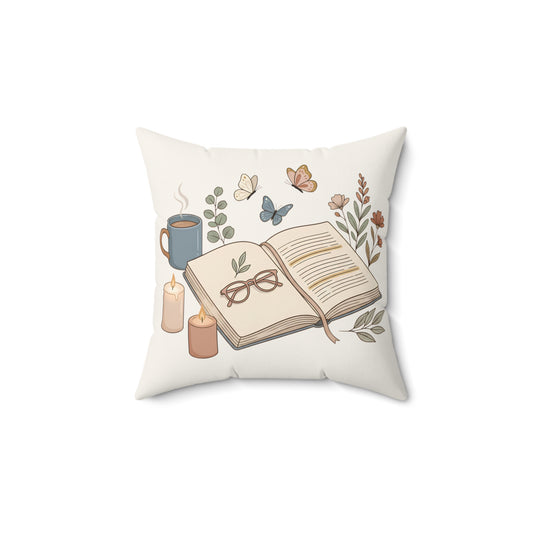 Cozy Reading Pillow — Open Book & Tea Decorative Throw Pillow