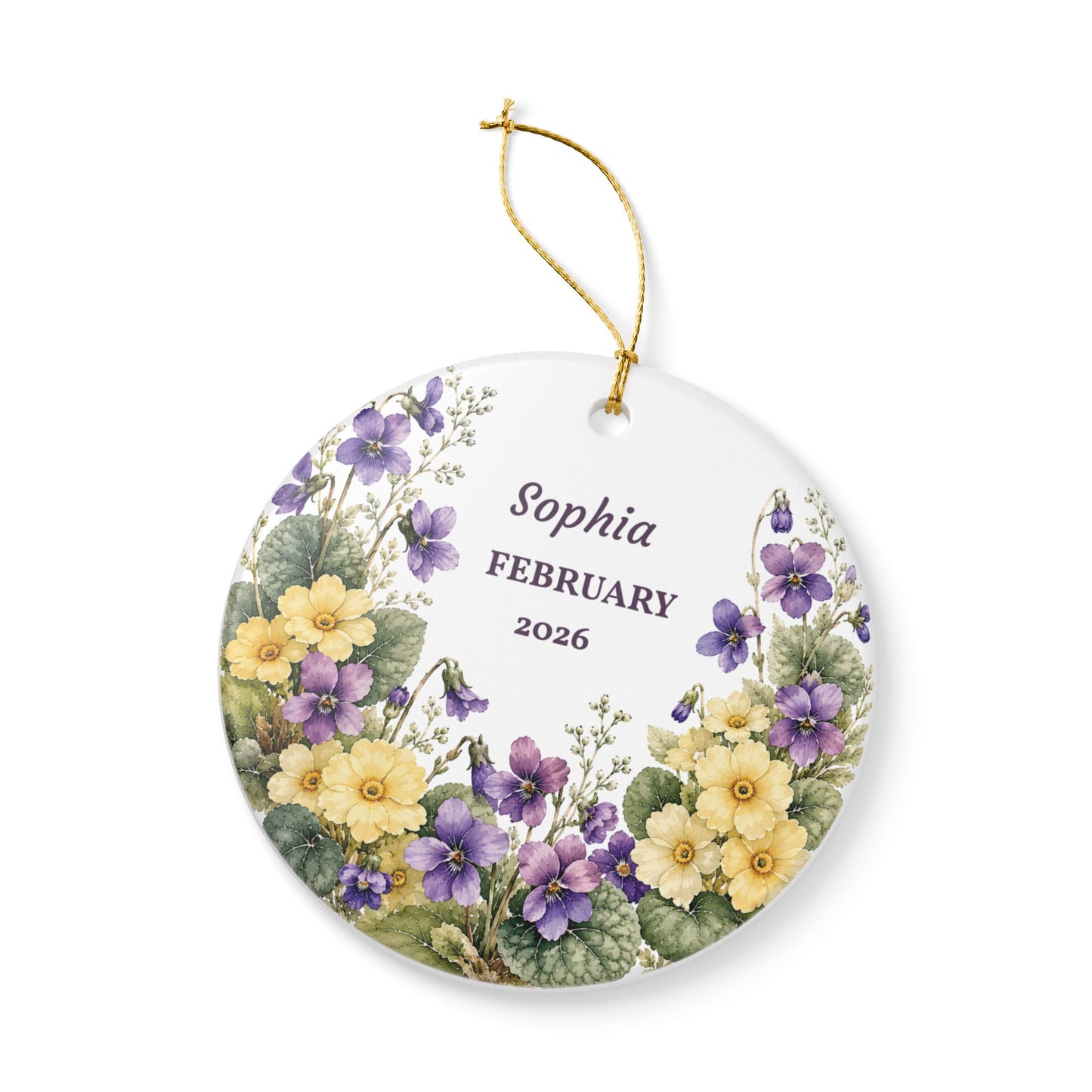 Personalized Floral Birth Month Ceramic Ornament — Custom Name & Month (February)