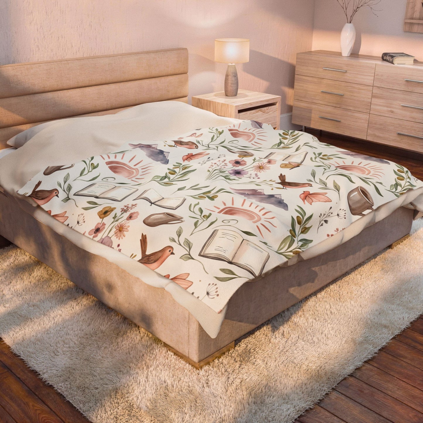 Cozy Bookish Floral Velvet Plush Blanket — Sun, Mountains & Tea Pattern