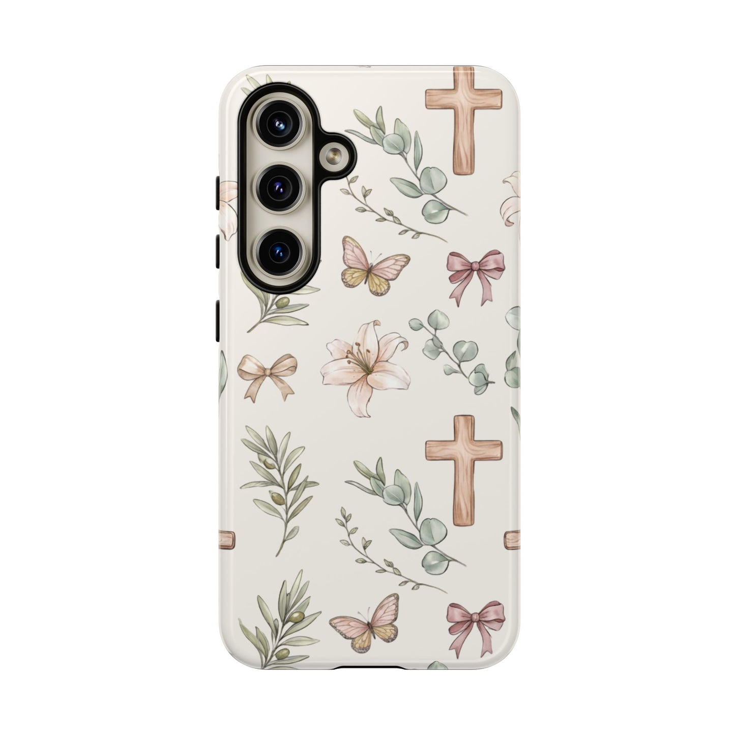 Floral Cross Tough Phone Case — Pastel Butterflies & Bows Christian Design