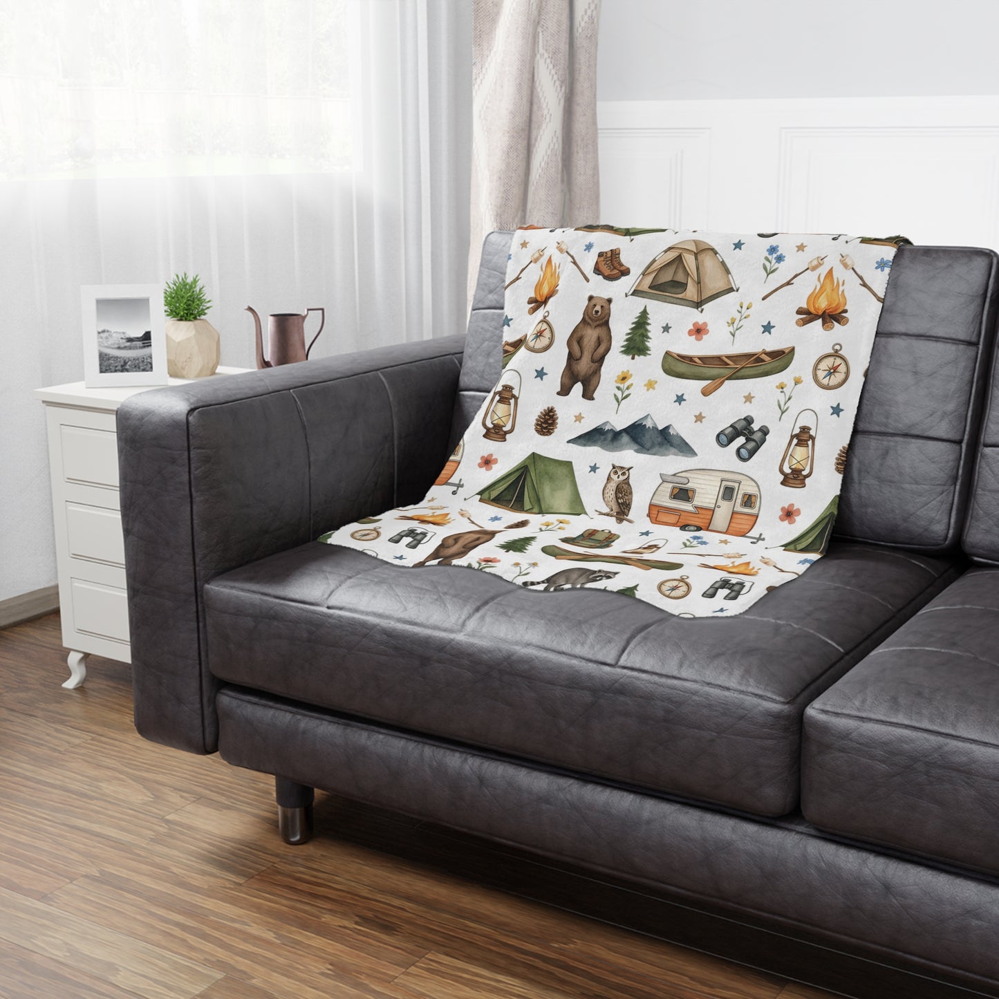 Camping Pattern Minky Blanket — Cozy Outdoor Adventure Throw with Tents, Campfire & Wildlife