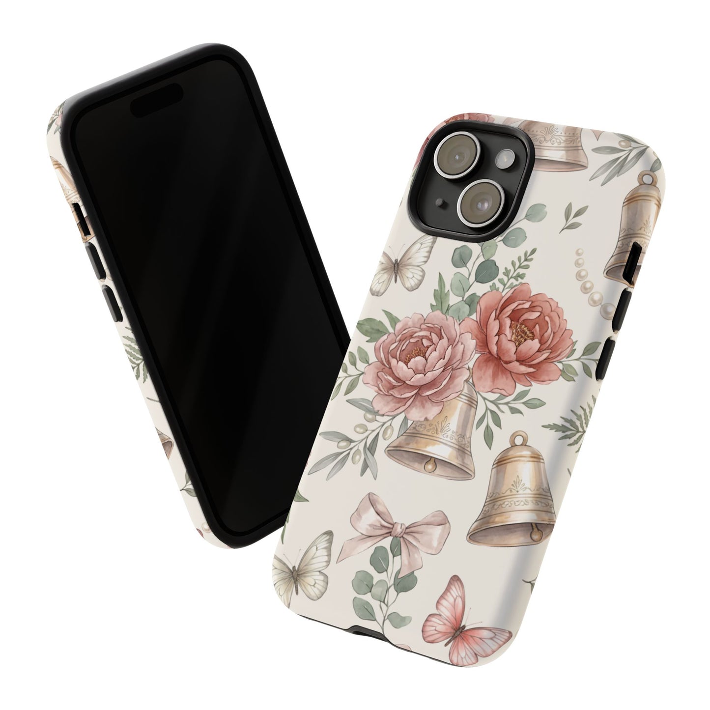 Floral Wedding Bells Phone Case — Vintage Roses, Butterflies & Bow Protective Tough Case