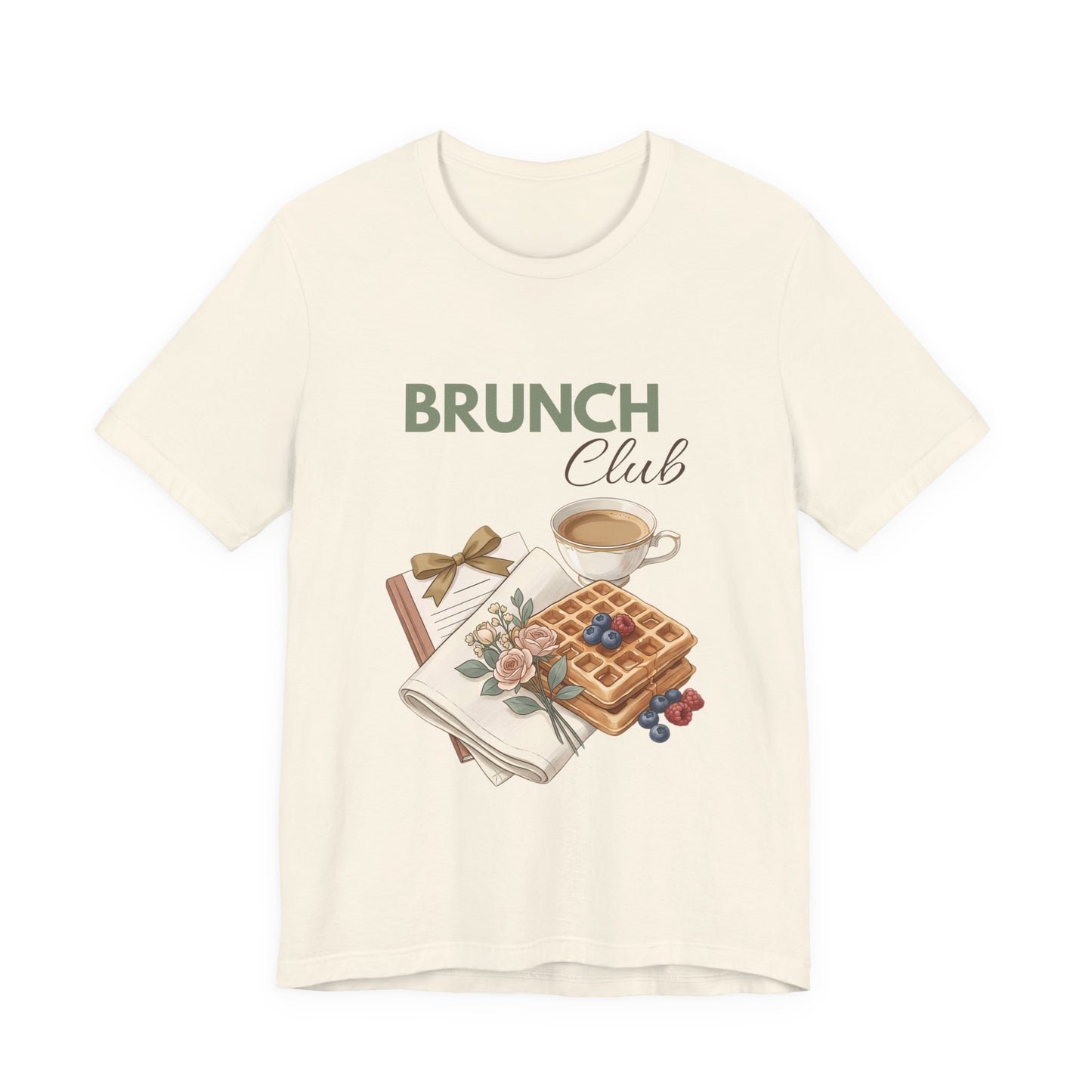 A natural colored t-shirt with 'BRUNCH Club' on the front.