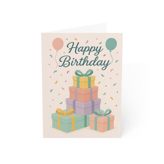 Blank Inside Happy Birthday Card with Pastel Gift Stack, Balloons & Confetti