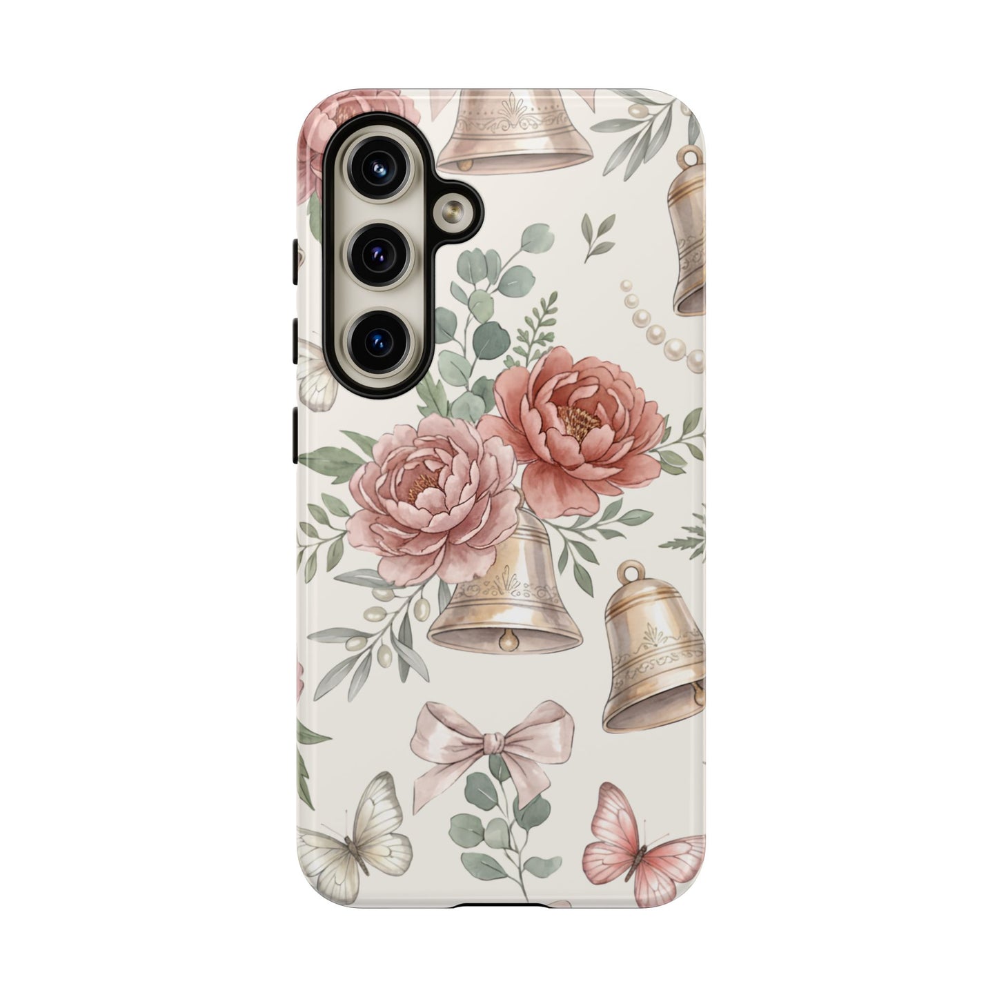 Floral Wedding Bells Phone Case — Vintage Roses, Butterflies & Bow Protective Tough Case