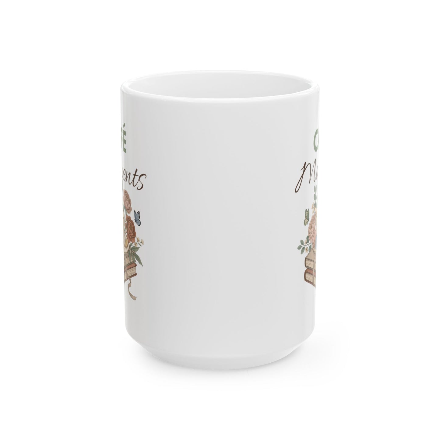 Café Moments Ceramic Coffee Mug – Coffee Lover Gift – Floral Book Lover Coffee Cup – Cozy Café Mug – 11oz & 15oz