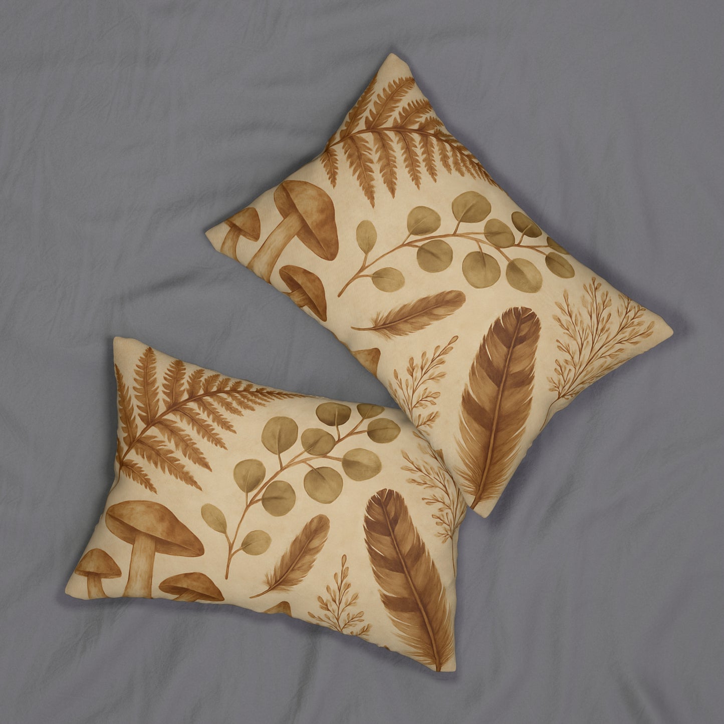 Botanical Mushroom & Fern Lumbar Pillow – Nature-Inspired Neutral Accent