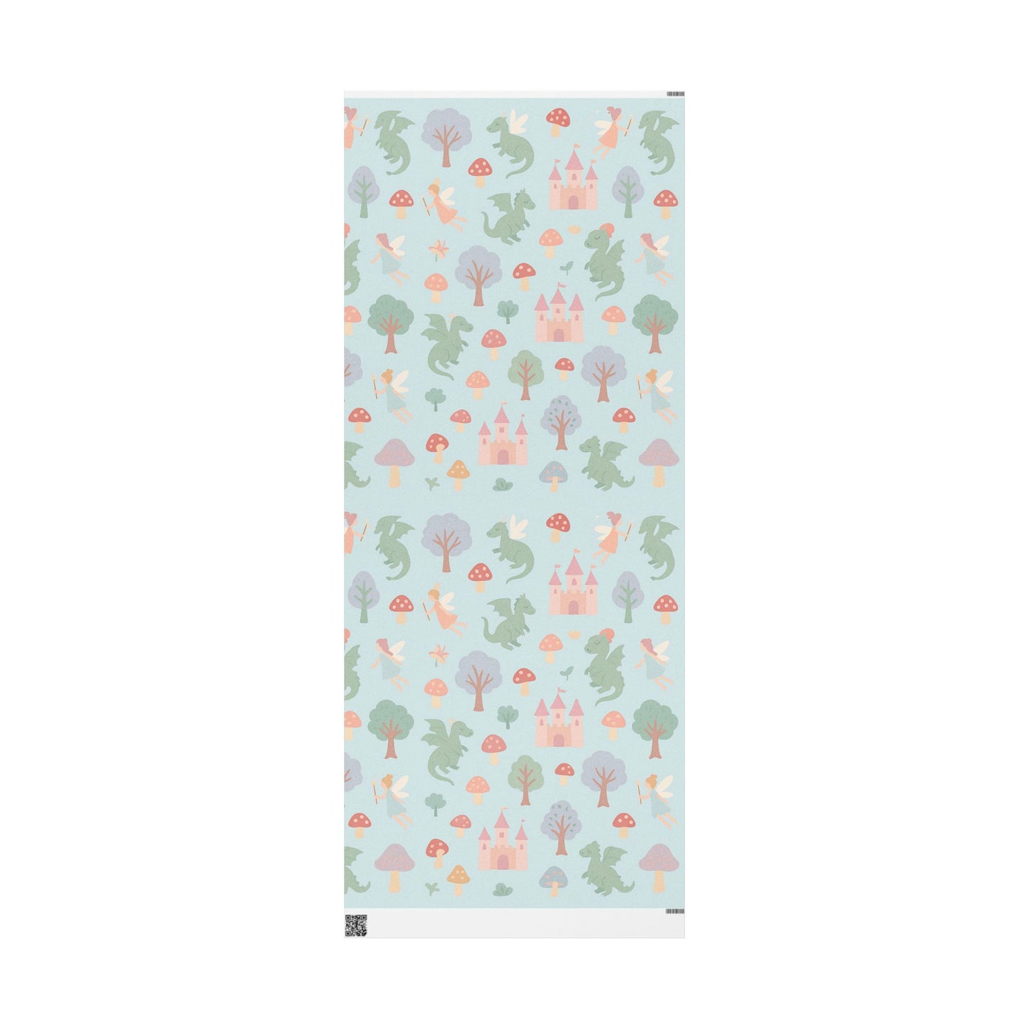 Whimsical Fairy Tale Wrapping Paper – Dragons, Fairies & Castles on Pastel Blue