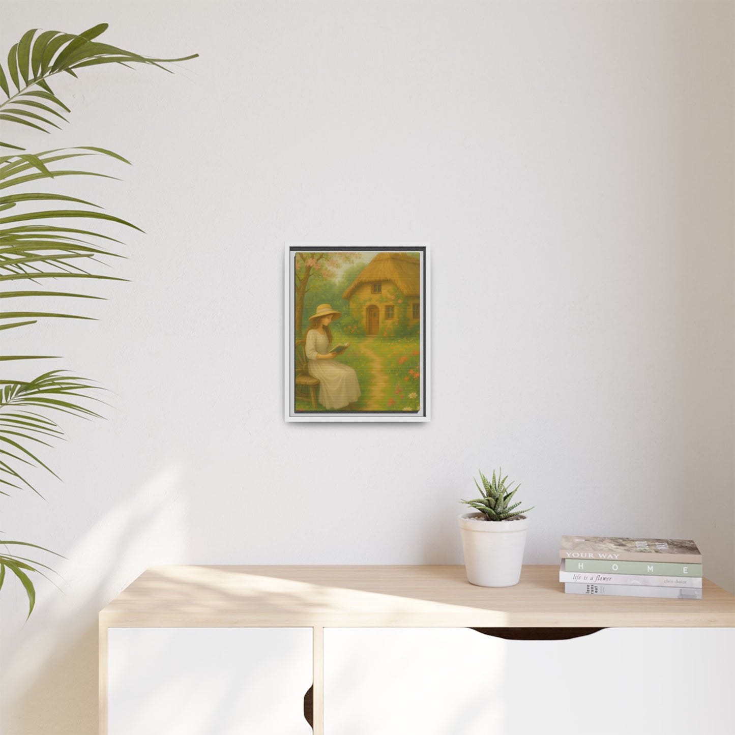 Cottage Garden Reader – Framed Matte Canvas Wall Art of Woman Reading by a Thatched Cottage