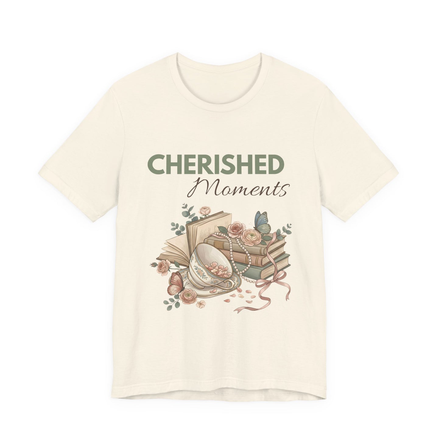 A natural colored t-shirt with 'CHERISHED Moments' on the front.