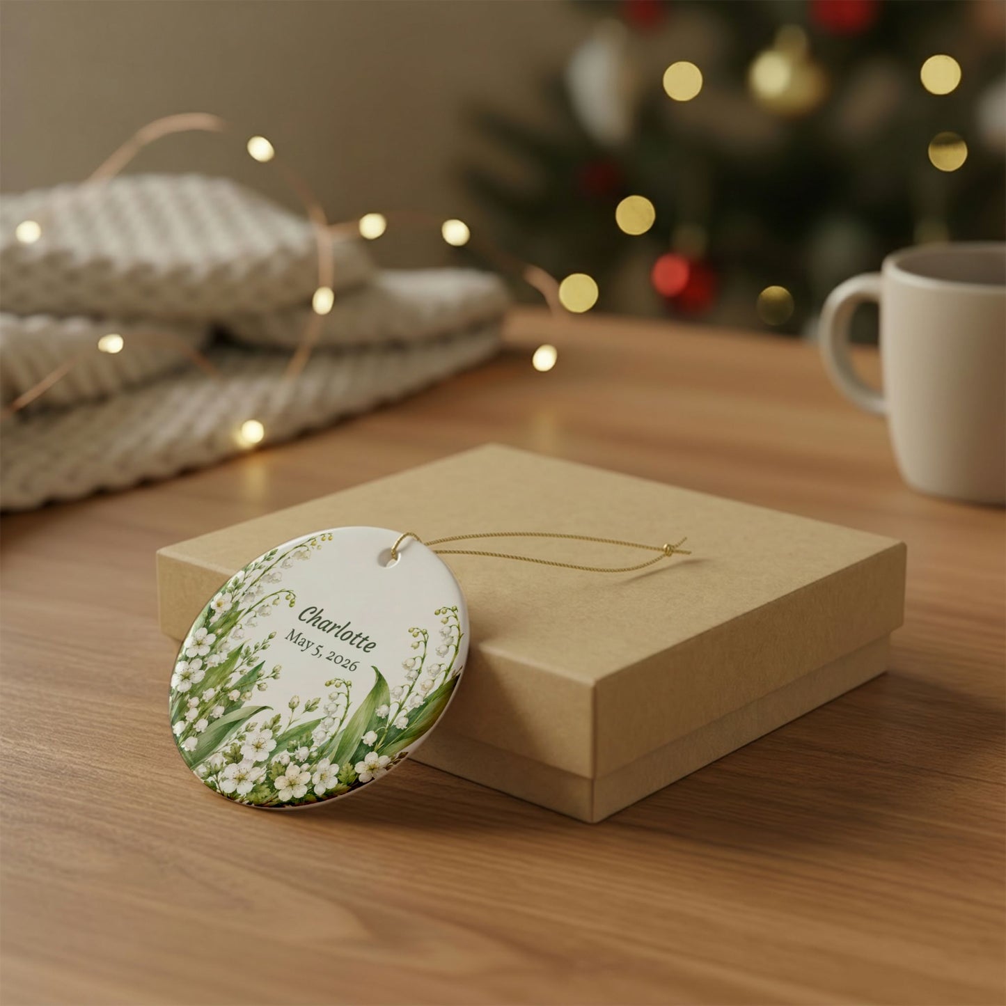 Personalized Lily of the Valley Ceramic Ornament — Custom Name & Date (Wedding, Christening, Mother's Day)