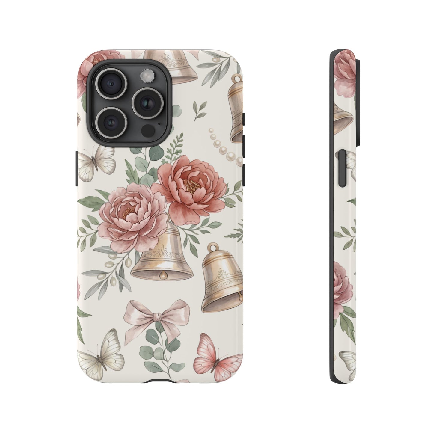 Floral Wedding Bells Phone Case — Vintage Roses, Butterflies & Bow Protective Tough Case