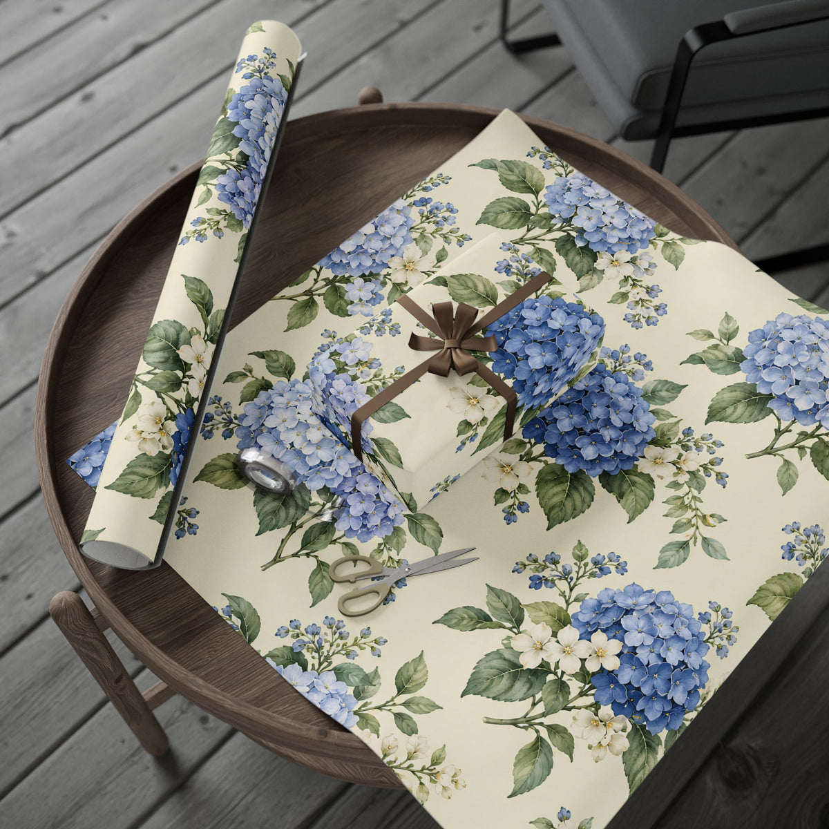 Floral Hydrangea Wrapping Paper Roll — Blue Vintage Flower Gift Wrap