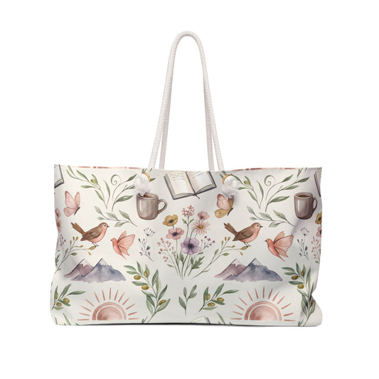Boho Morning Weekender Bag — Floral Birds, Mountains & Coffee Pattern