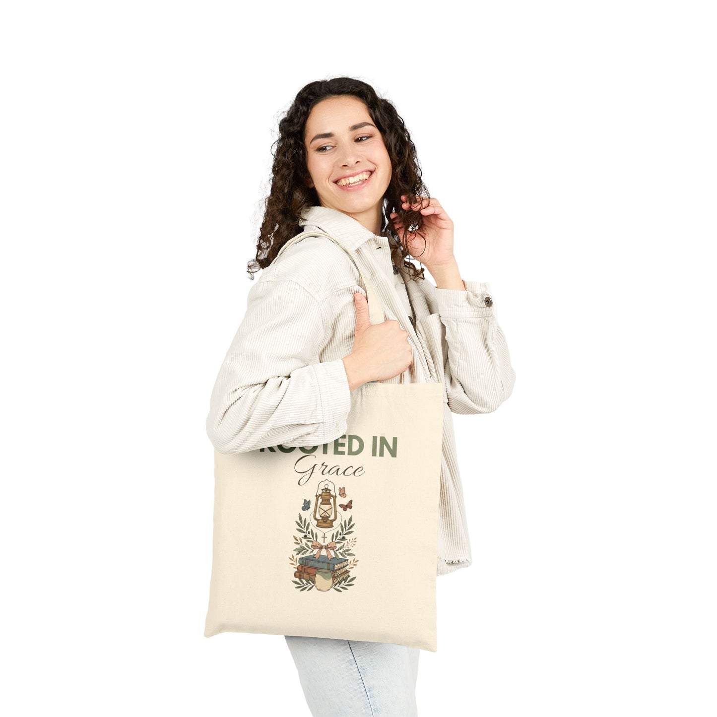 Rooted in Grace Canvas Tote Bag — Floral Faith Grocery & Market Shopper