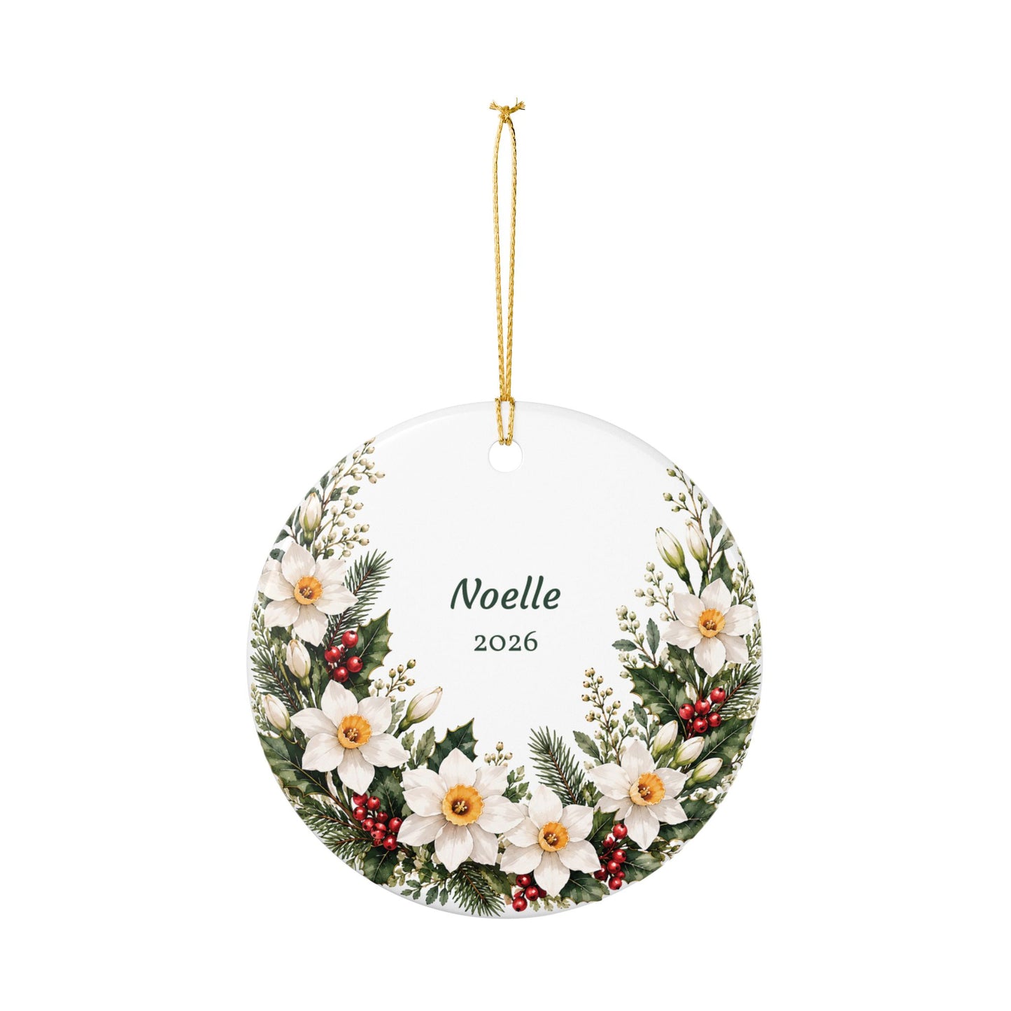 Personalized Ceramic Ornament – White Poinsettia & Holly Christmas Decoration (Name + Year)