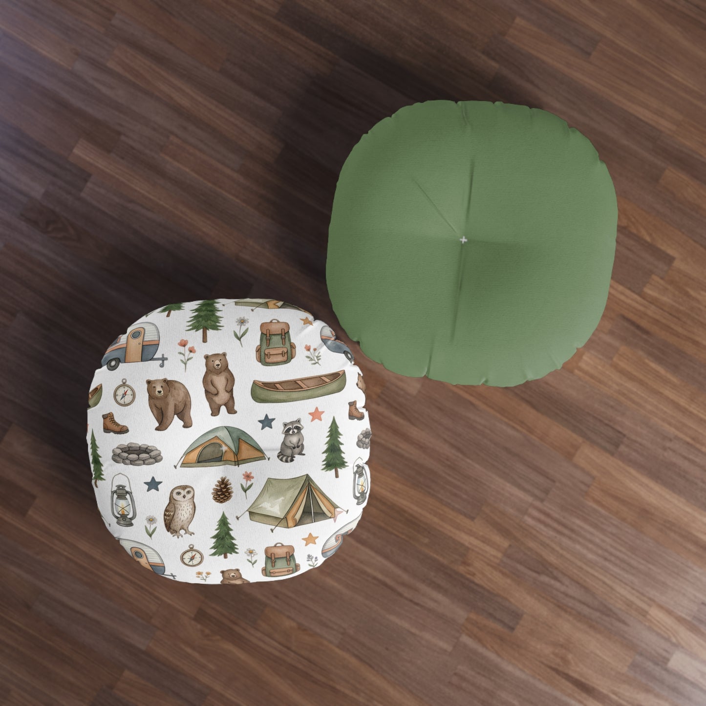Camping Pattern Round Floor Pillow — Cute Woodland Animals & Gear Tufted Cushion