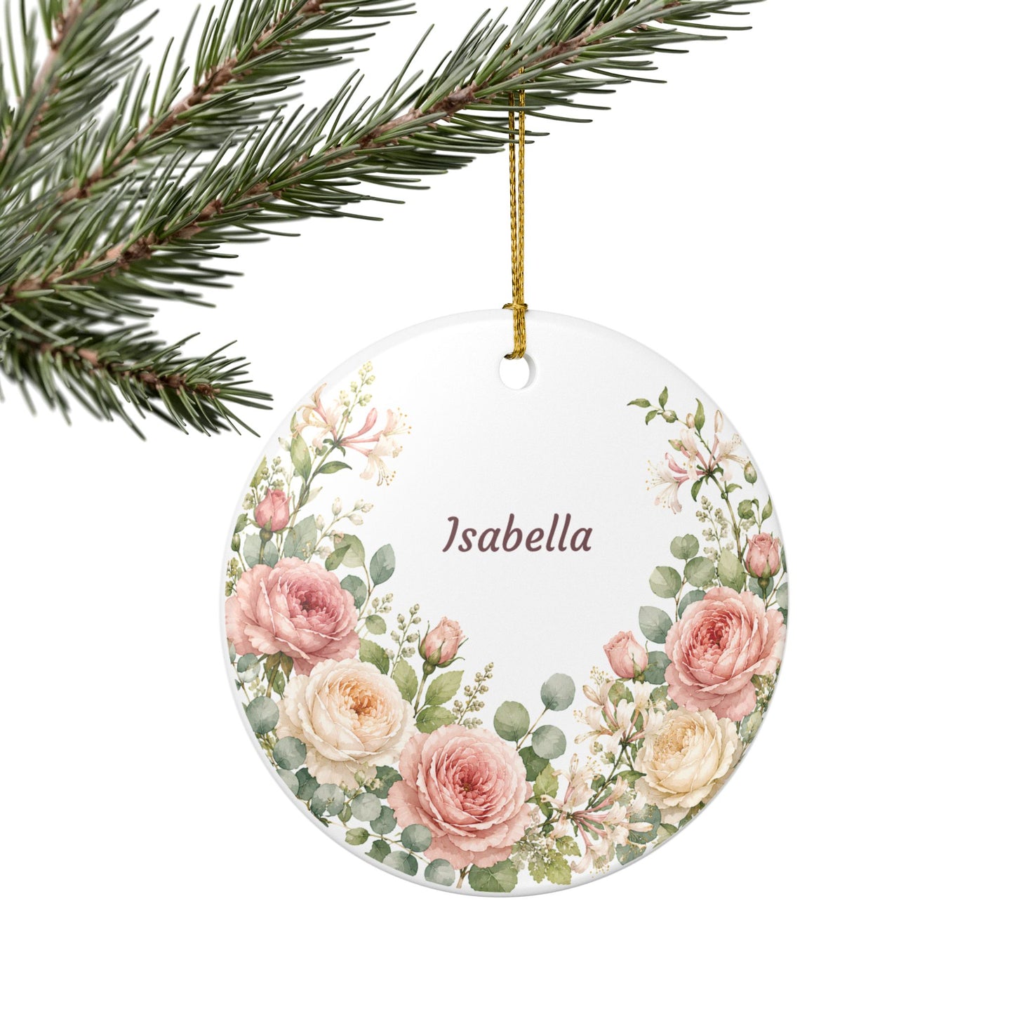 Personalized Floral Ceramic Ornament — Custom Name Rose Wreath Decoration