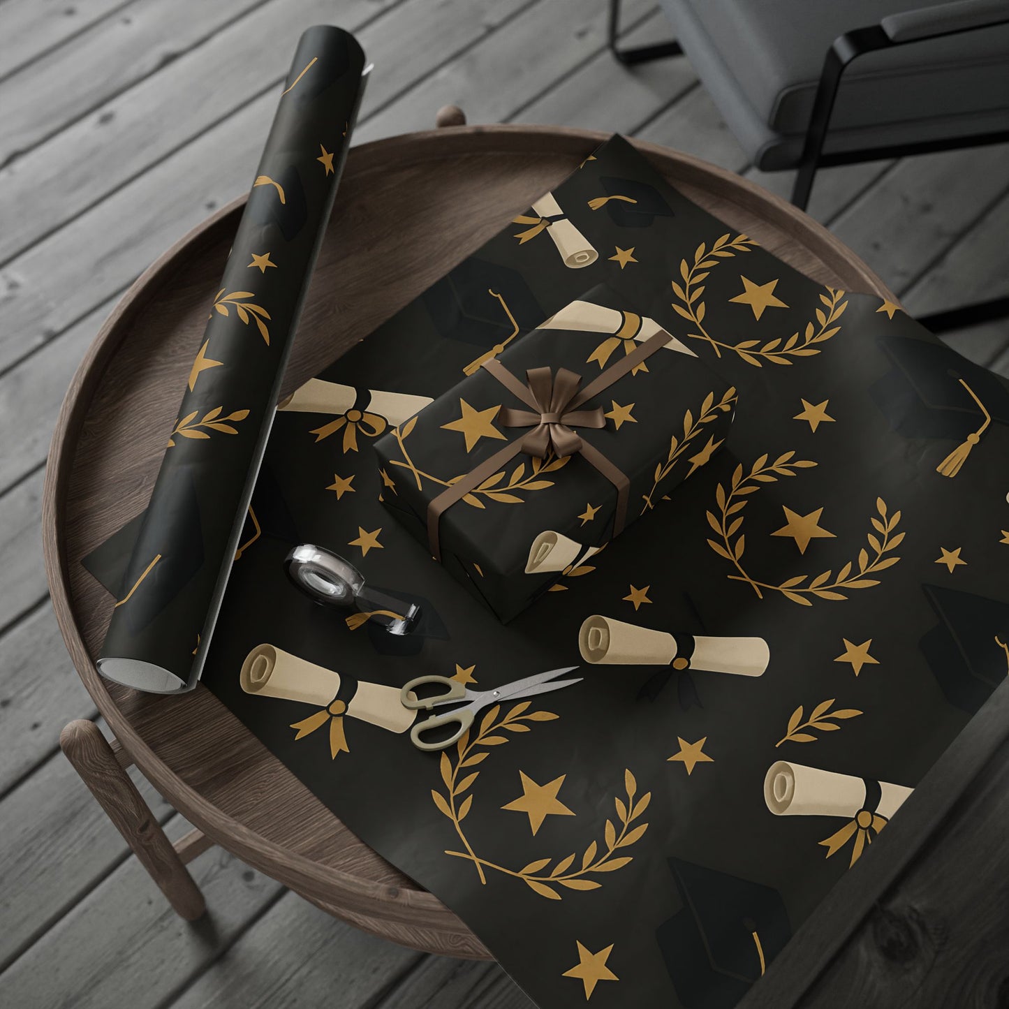 Graduation Celebration Wrapping Paper – Diplomas, Caps & Gold Laurel Accents