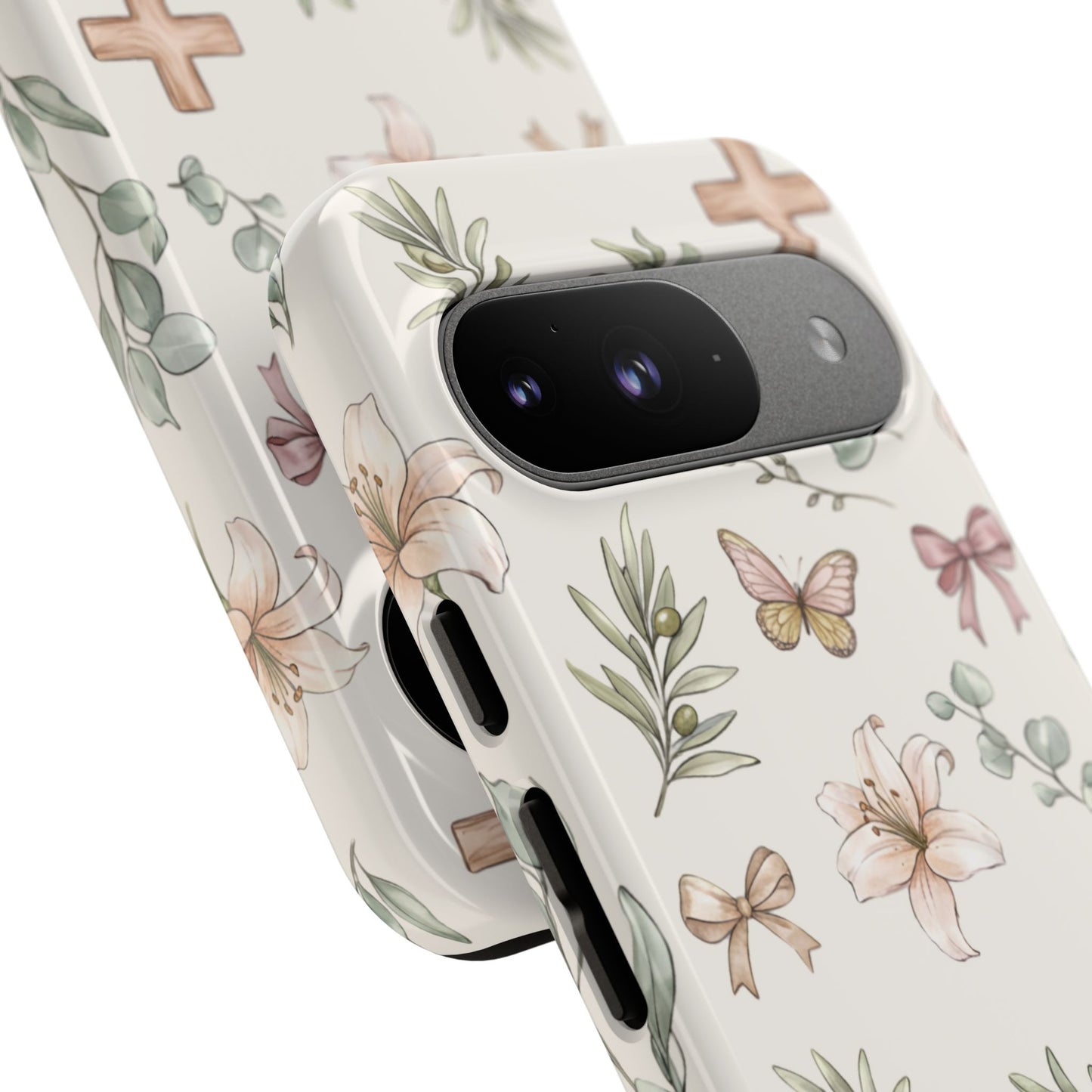 Floral Cross Tough Phone Case — Pastel Butterflies & Bows Christian Design