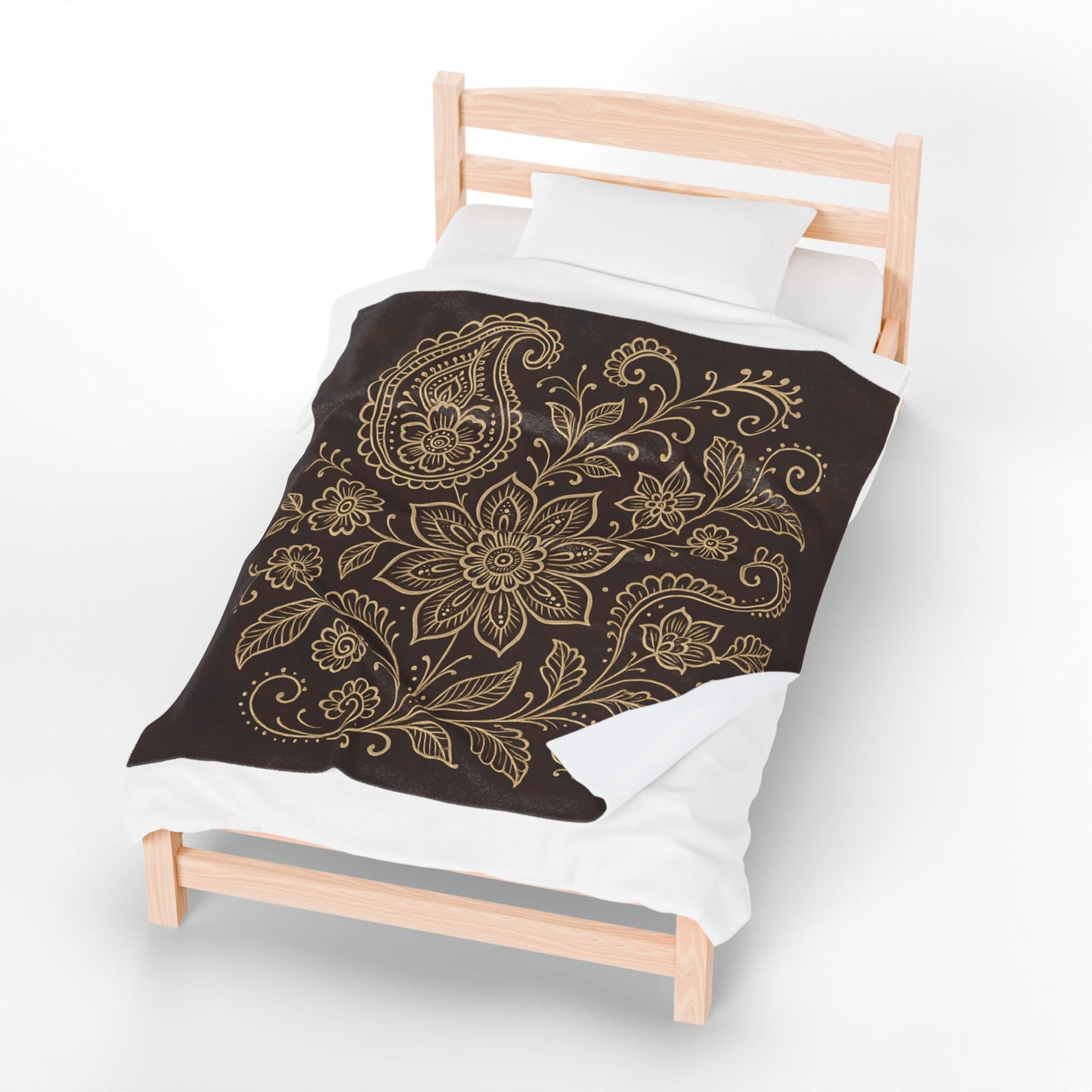 Elegant Boho Floral Paisley Velveteen Plush Blanket – Dark Brown & Cream