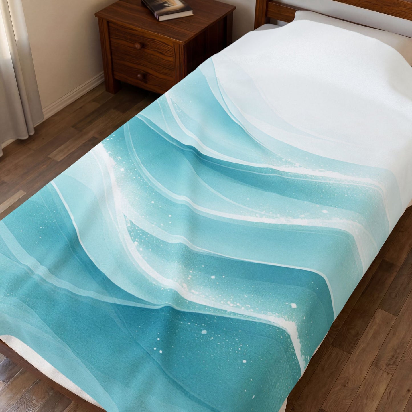 Aqua Wave Velveteen Plush Blanket — Soft Ocean Blue Throw for Cozy Bedrooms & Beach House Decor