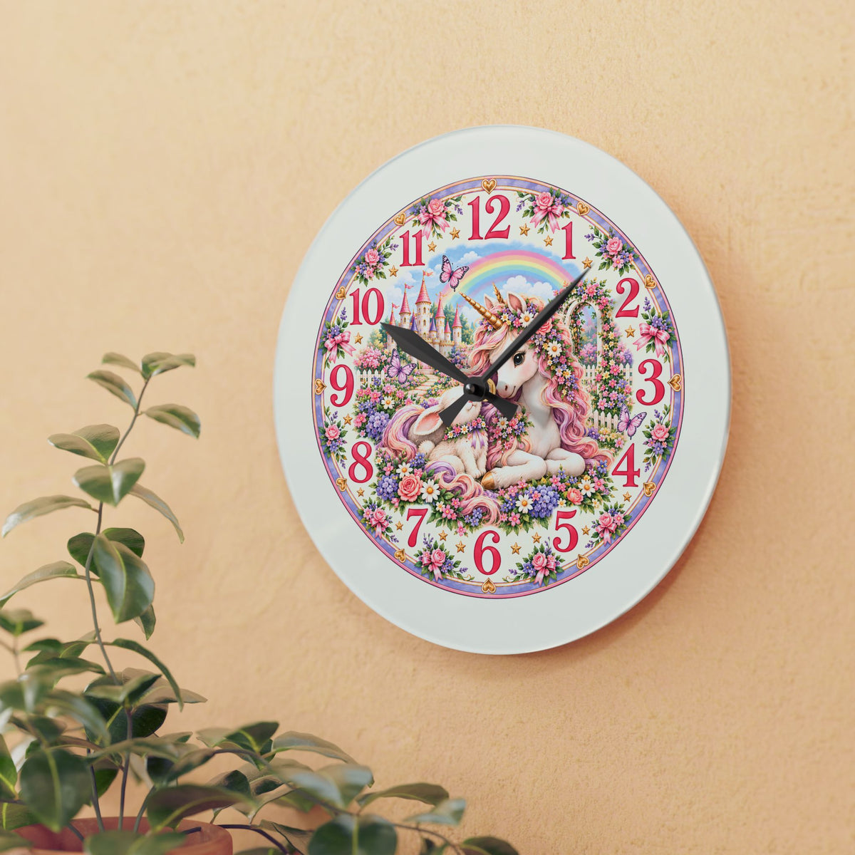 Floral Unicorn Acrylic Wall Clock