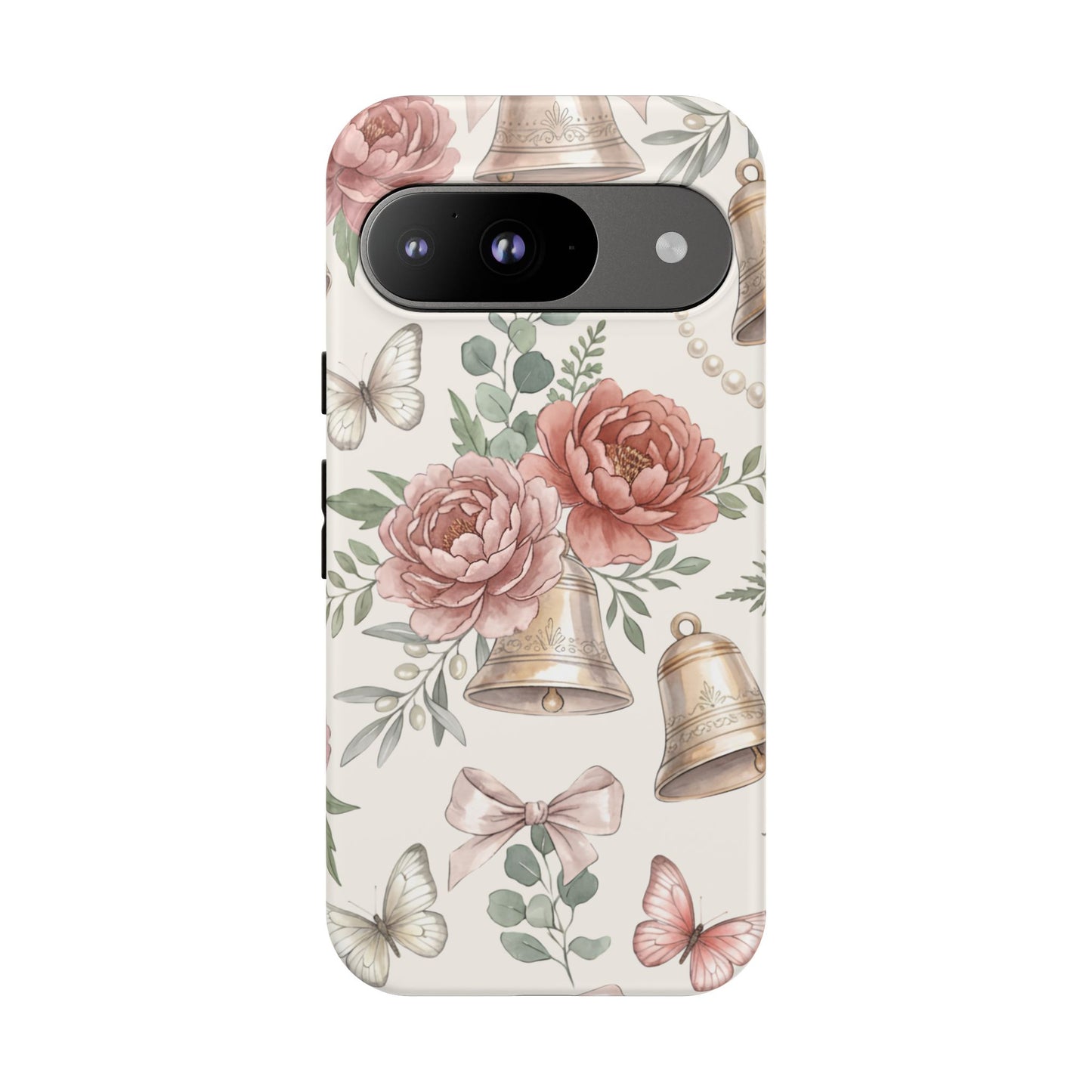 Floral Wedding Bells Phone Case — Vintage Roses, Butterflies & Bow Protective Tough Case