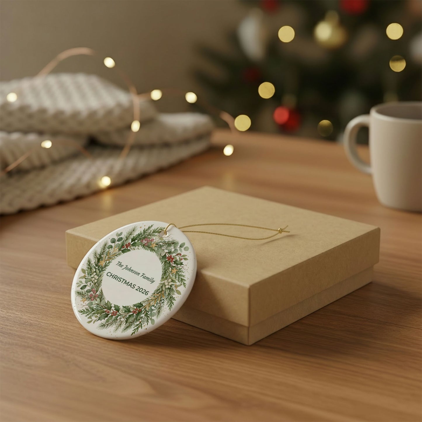 Personalized Christmas Wreath Ceramic Ornament - 'The Johnson Family CHRISTMAS'