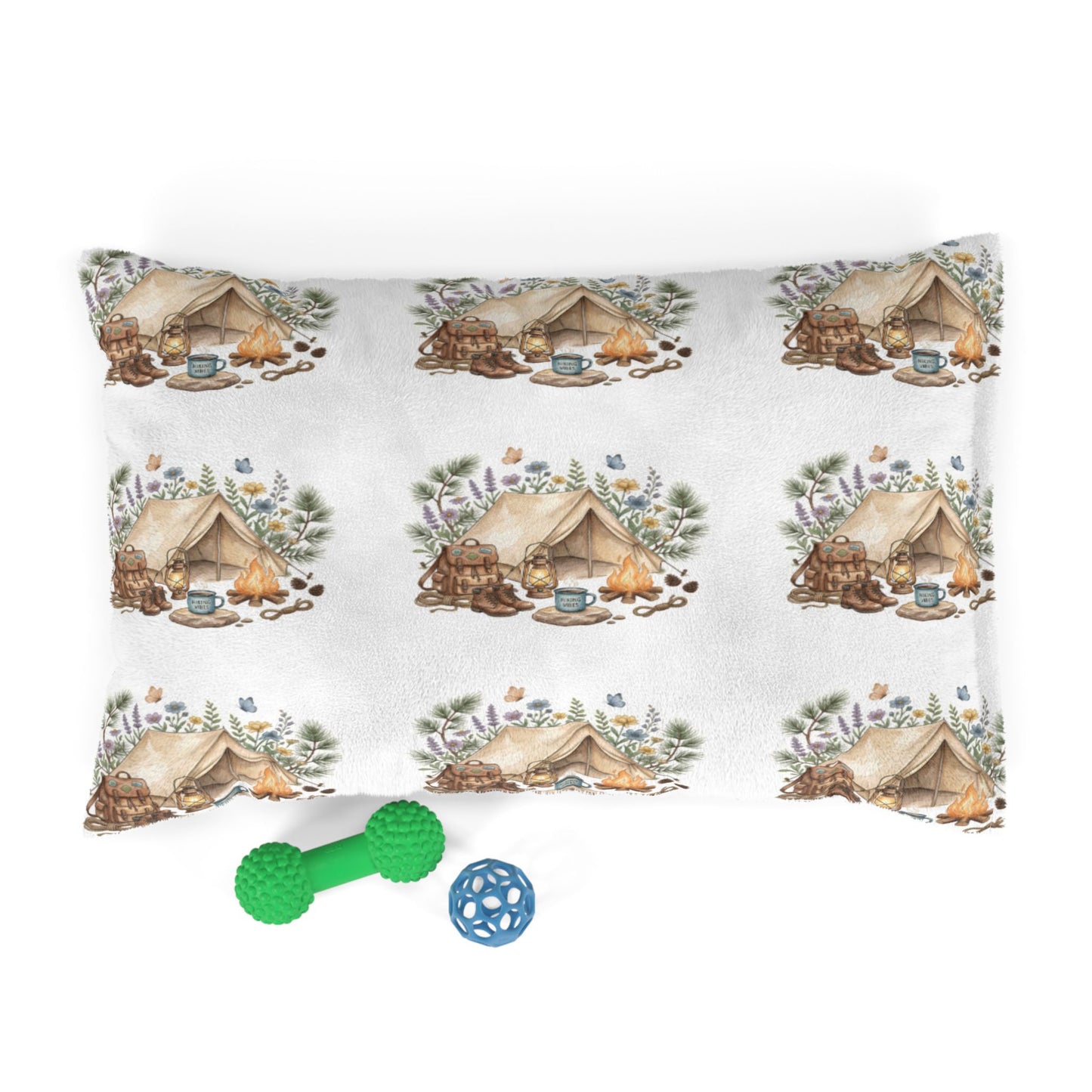 Cozy Camping Pet Bed — Watercolor Tent & Paw Print Pattern