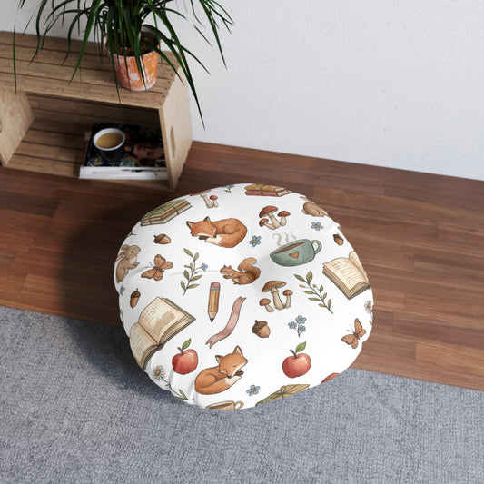Round Tufted Floor Pillow — Cozy Woodland Reading Pattern