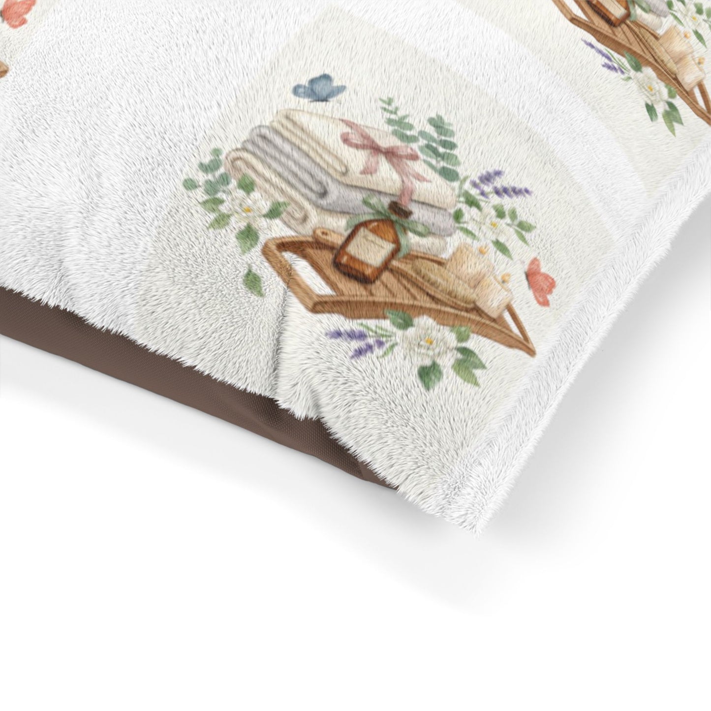 Spa Day Pet Bed – Watercolor Towels & Botanicals Print for Dogs