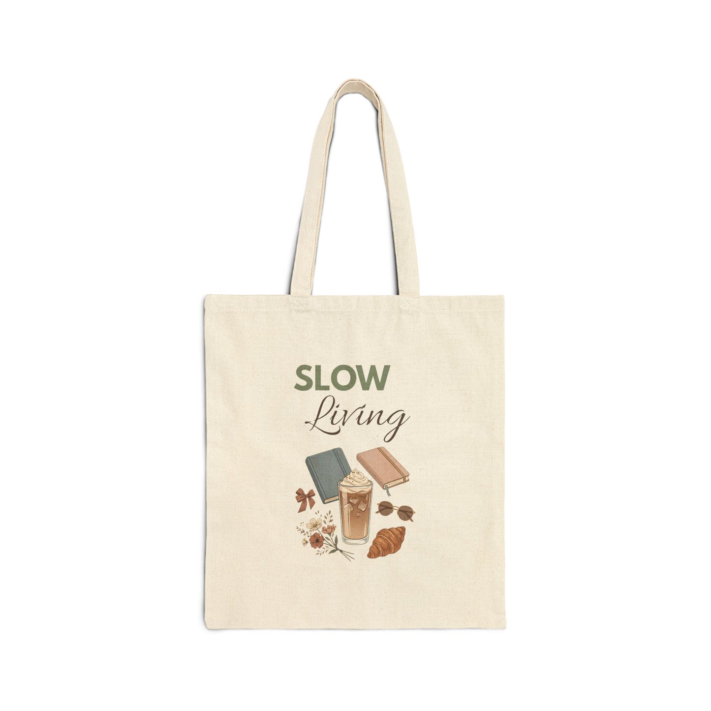 Slow Living Cotton Tote Bag – Cozy Books & Coffee Eco Shopper