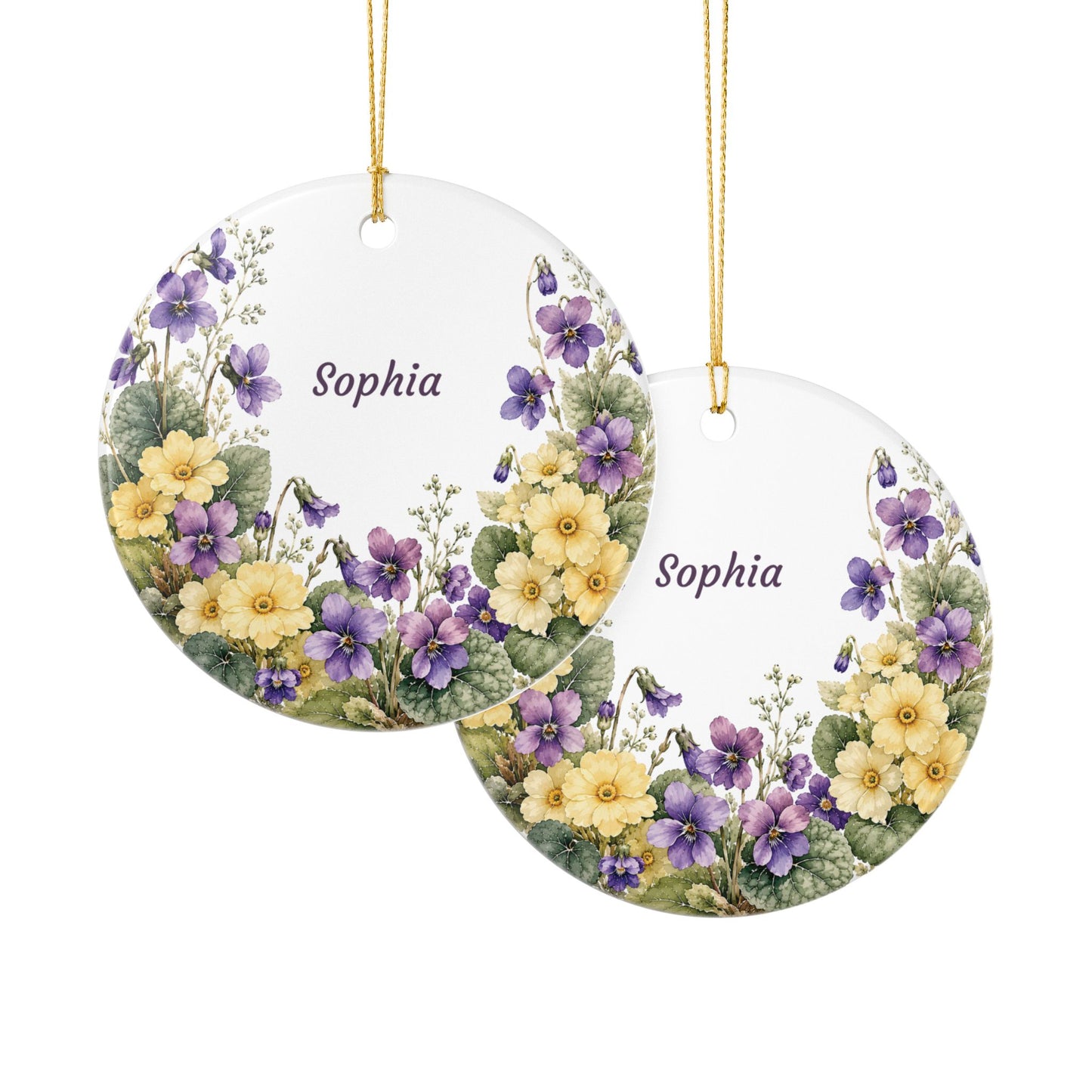 Personalized Floral Ceramic Ornament — Custom Name Violet & Yellow Flower Decoration
