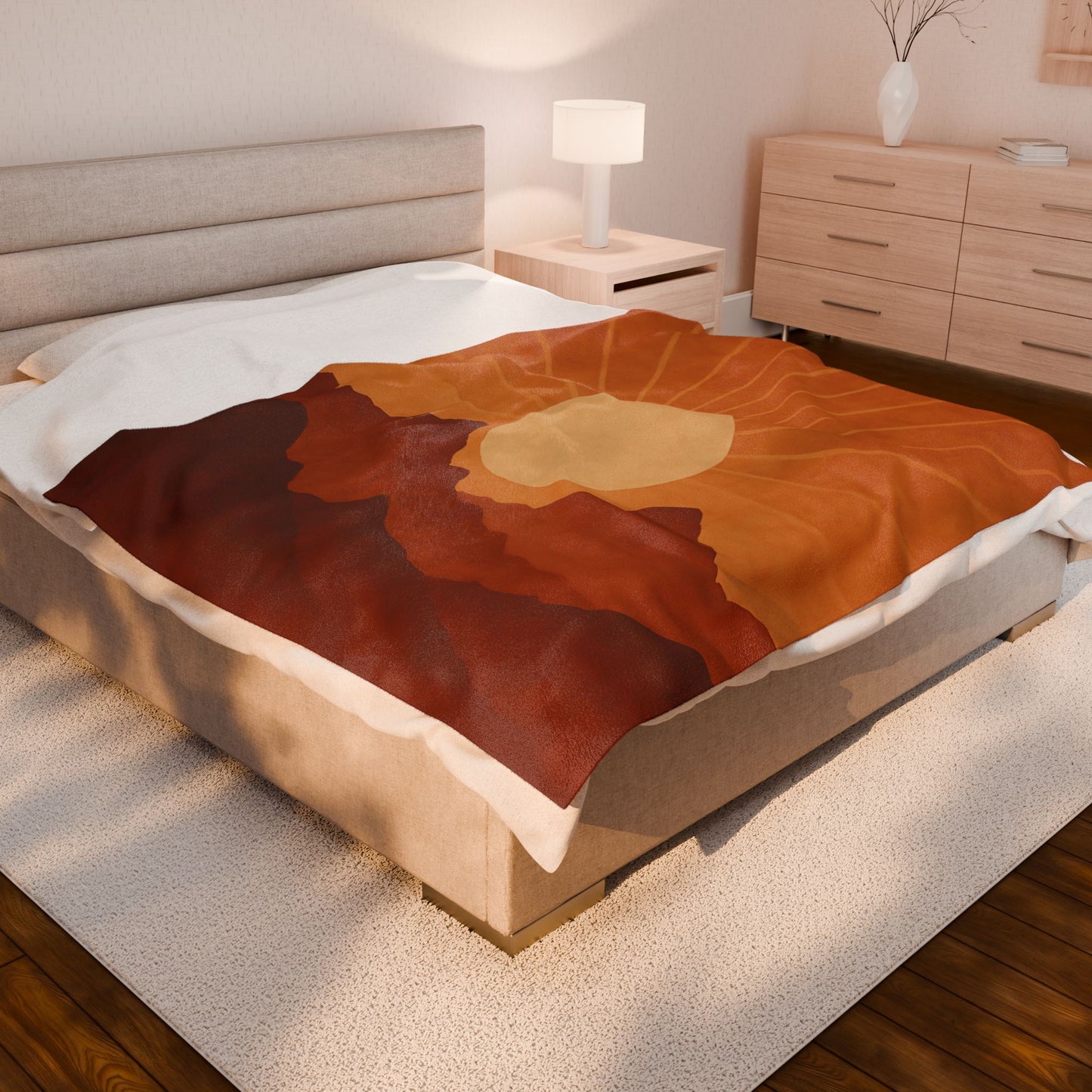 Desert Sunset Mountains Velveteen Plush Blanket – Burnt Orange & Terracotta Landscape Throw