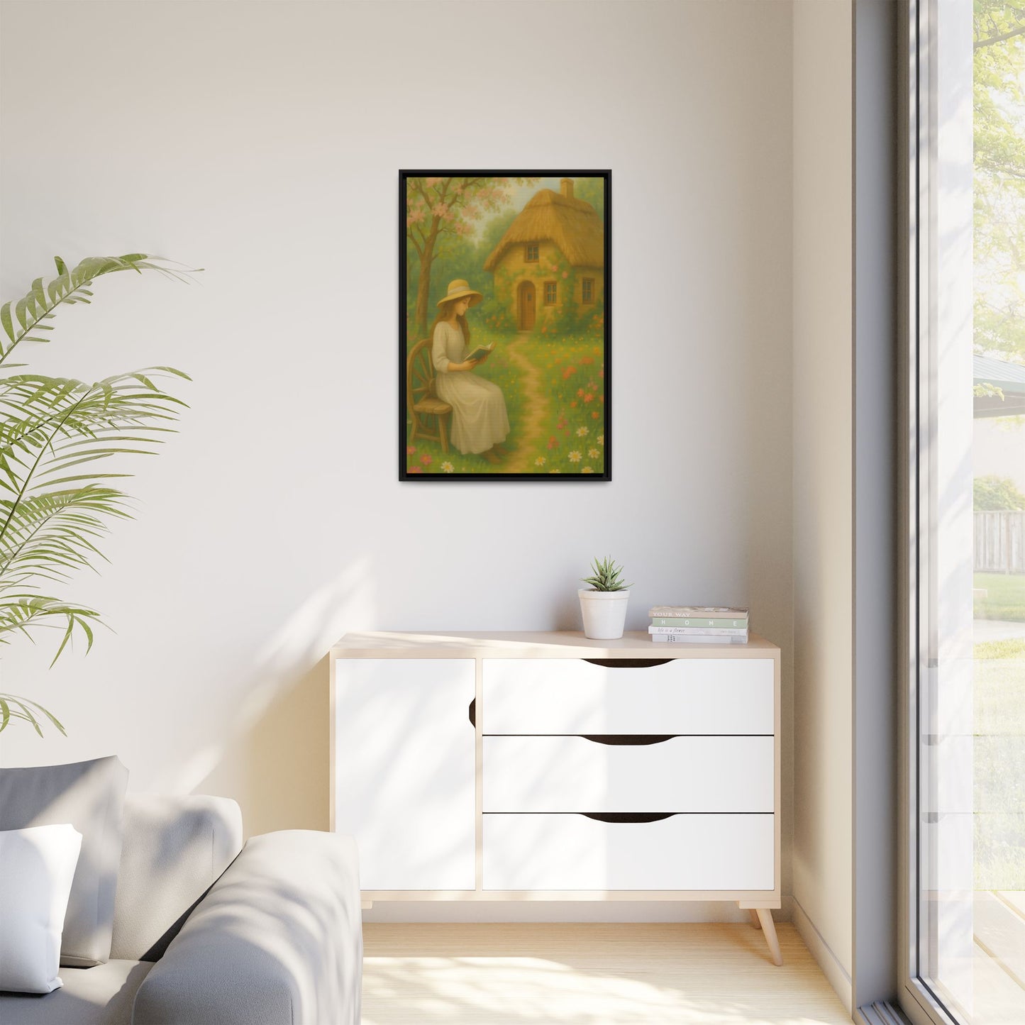 Cottage Garden Reader – Framed Matte Canvas Wall Art of Woman Reading by a Thatched Cottage