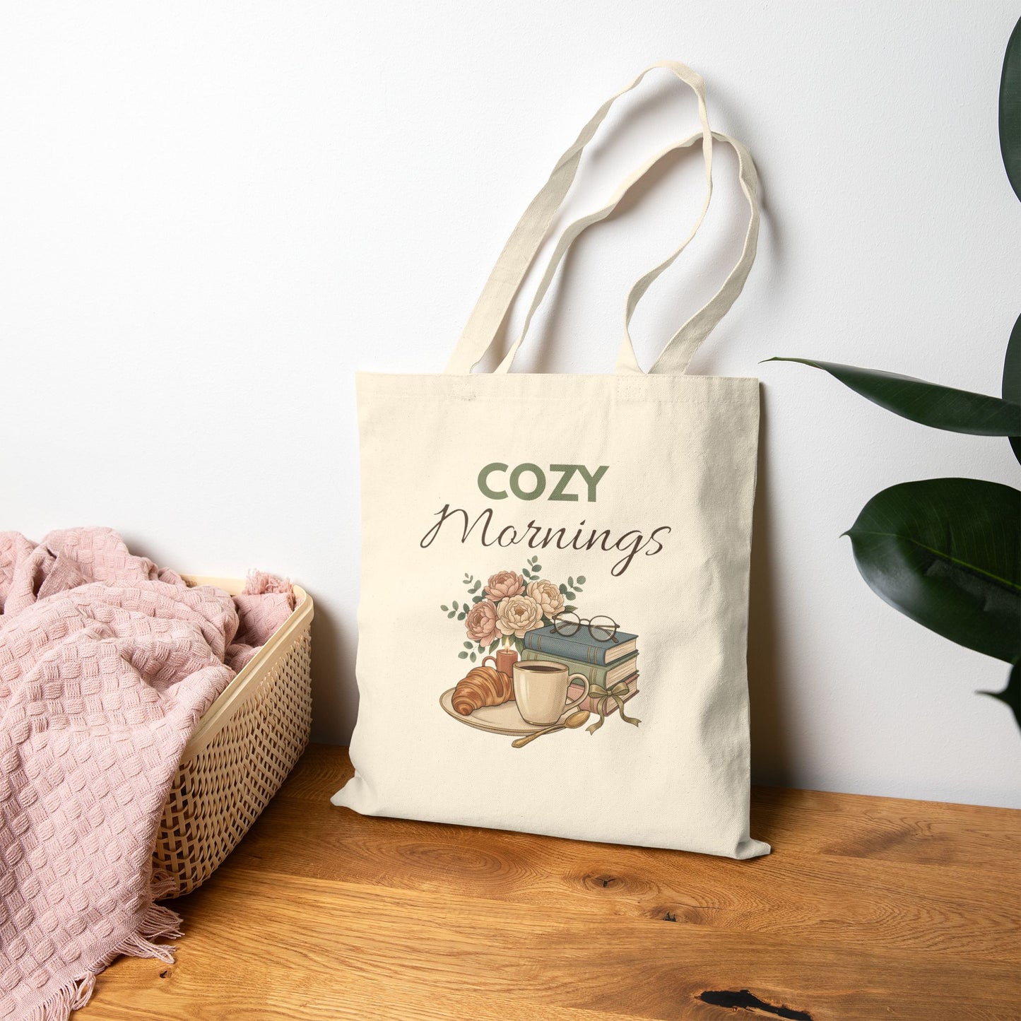 Tote Bag — “Cozy Mornings” Floral Coffee & Books Canvas Tote