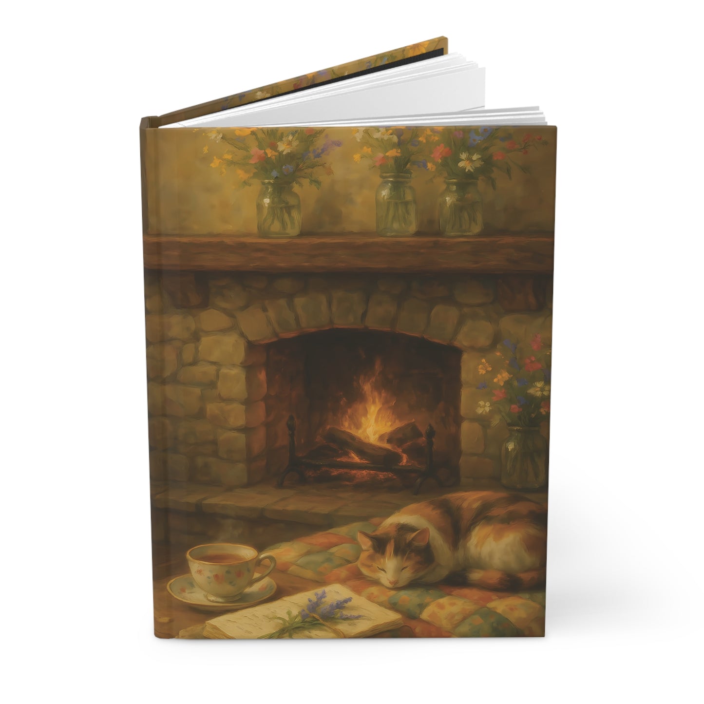 Cozy Hearth Journal – Cat, Fireplace & Tea Hardcover Notebook