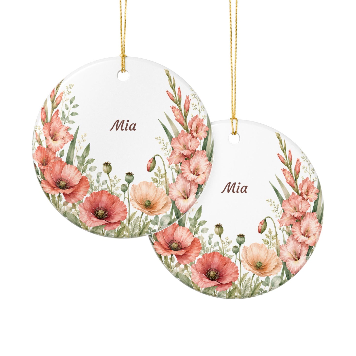 Personalized Floral Ceramic Ornament — Custom Name Poppy & Gladiolus Holiday Decoration