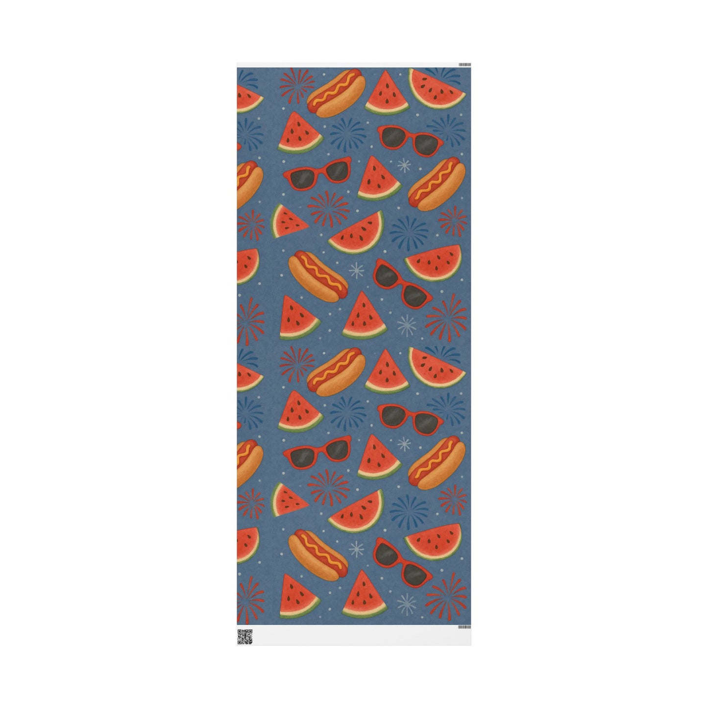 Summer BBQ Wrapping Paper – Watermelon, Hot Dogs & Fireworks on Blue