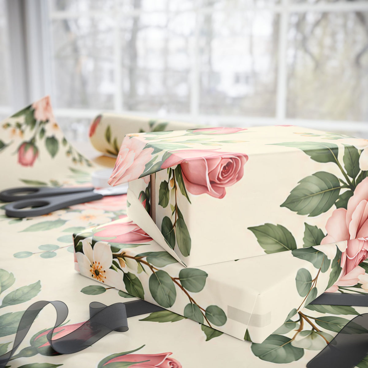 Floral Rose Wrapping Paper Roll — Vintage Pink Garden Gift Wrap