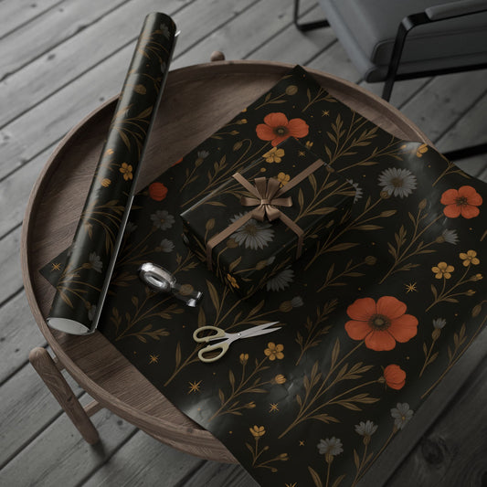 Moody Wildflower Wrapping Paper – Vintage Floral on Black Background
